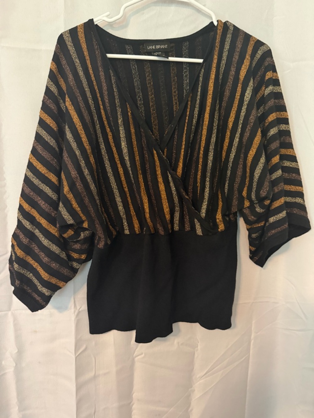 Lane Bryant Black Top with Gold & Silver Diagonal Stripes